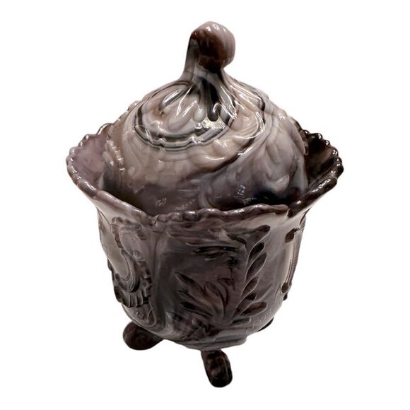 Imperial Glass Purple Slag Footed Covered Candy Jar 1960’s marbled pattern - Picture 5 of 11